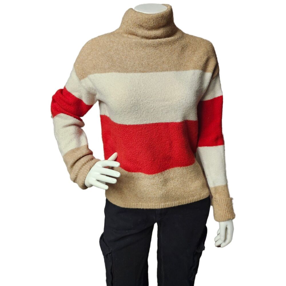 C&C California Colorblock Turtleneck Sweater Knit Cream Orange Tan